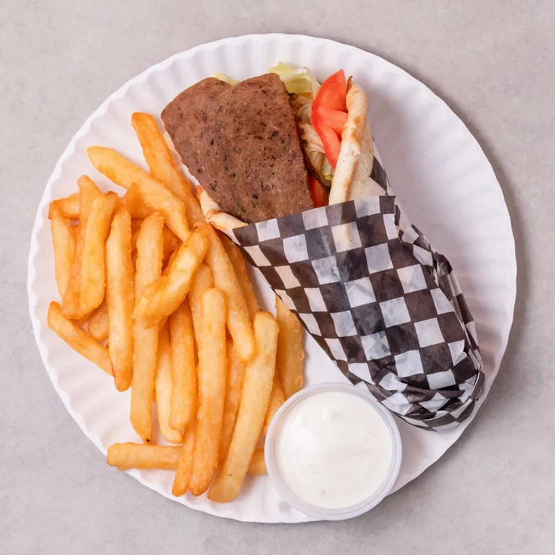 Gyro pita served with fries and garlic sauce